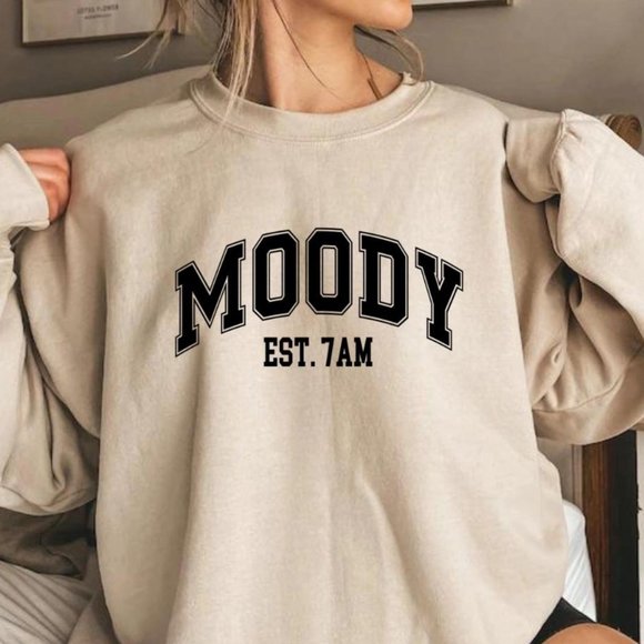 Moody Est. 7AM Sand Crewneck Long Sleeve Unisex Sweatshirt - Picture 1 of 7
